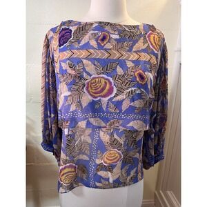 Vtg Shirt Strings California Blouse Top Size Small Blue Floral Sheer 3/4 Sleeve‎